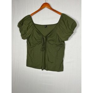 Puff Sleeve Top Womens 3XL Olive Green Ruched Tie Front Cottagecore Fairycore